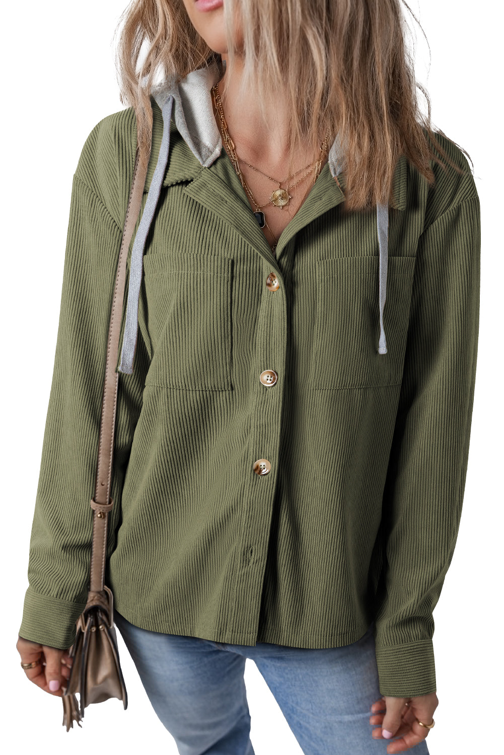 Moss Green Pockets Drawstring Hooded Corduroy Shacket