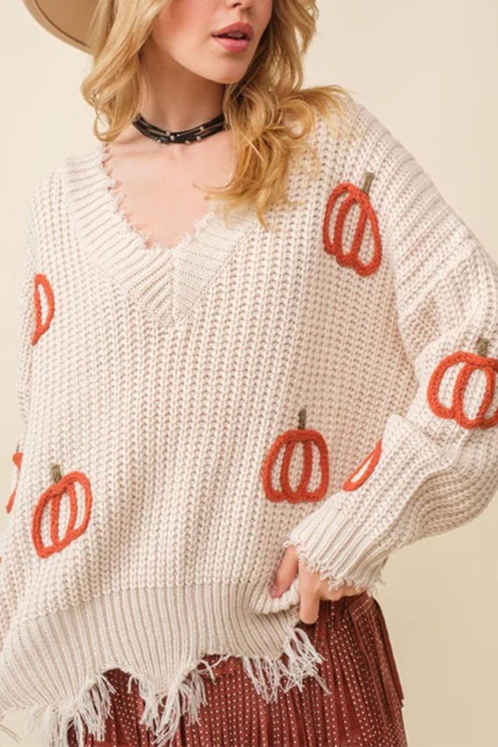 Beige Pumpkin V Neck Distressed Edge Knit Sweater