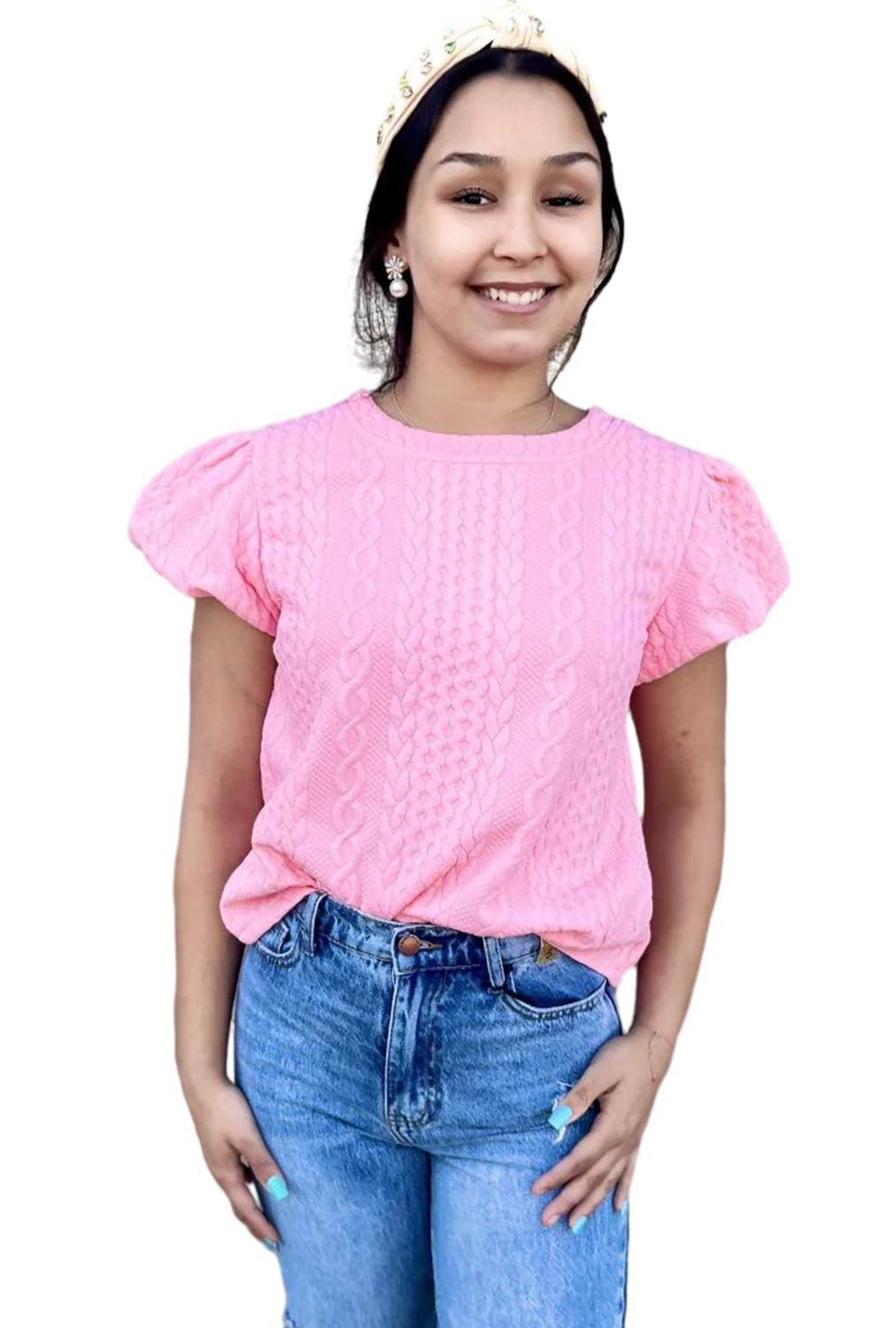 Pink Textured Puff Sleeve Round Neck T-Shirt