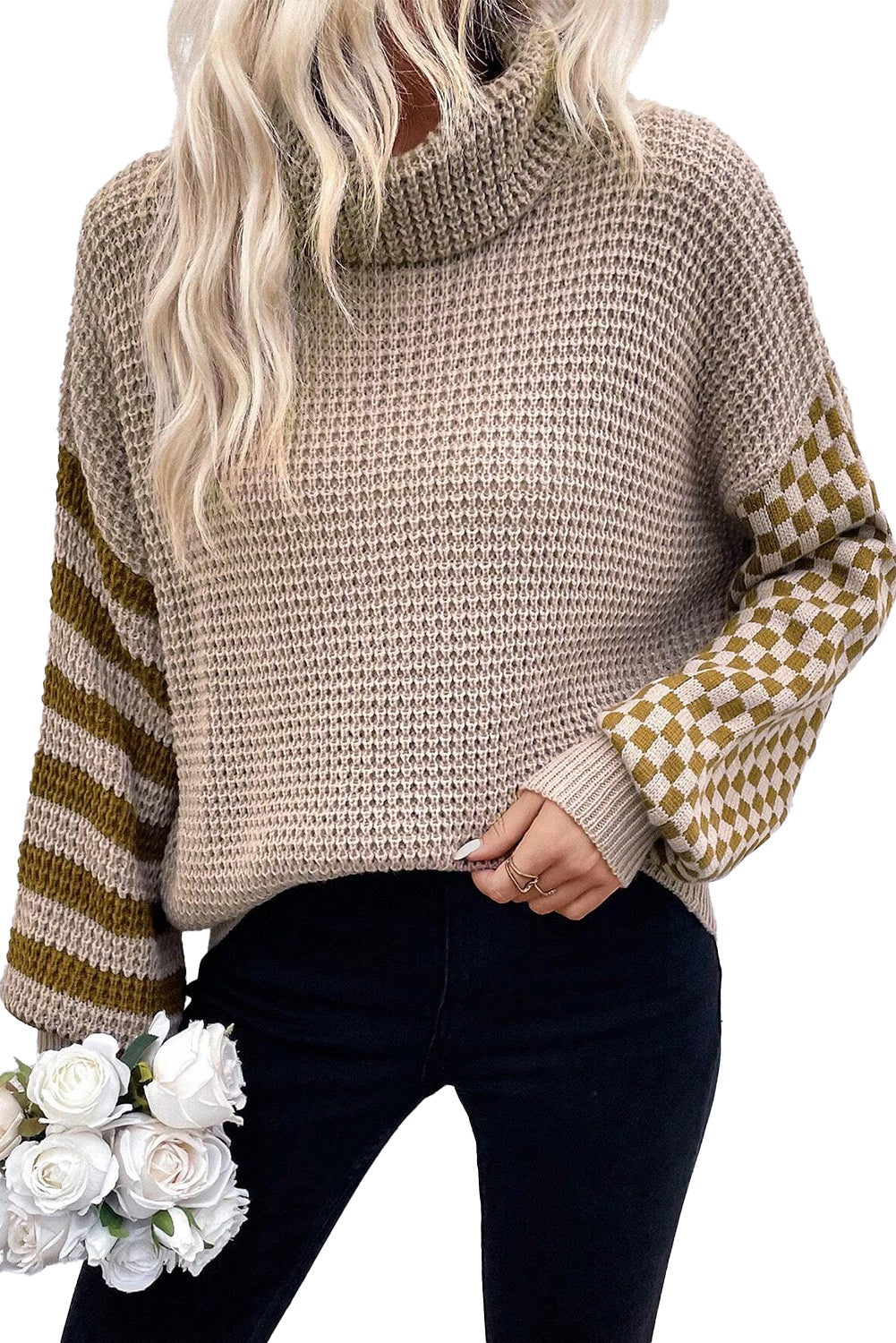 Smoke Gray Striped Plaid Patchwork Waffle Knit Turtleneck Sweater