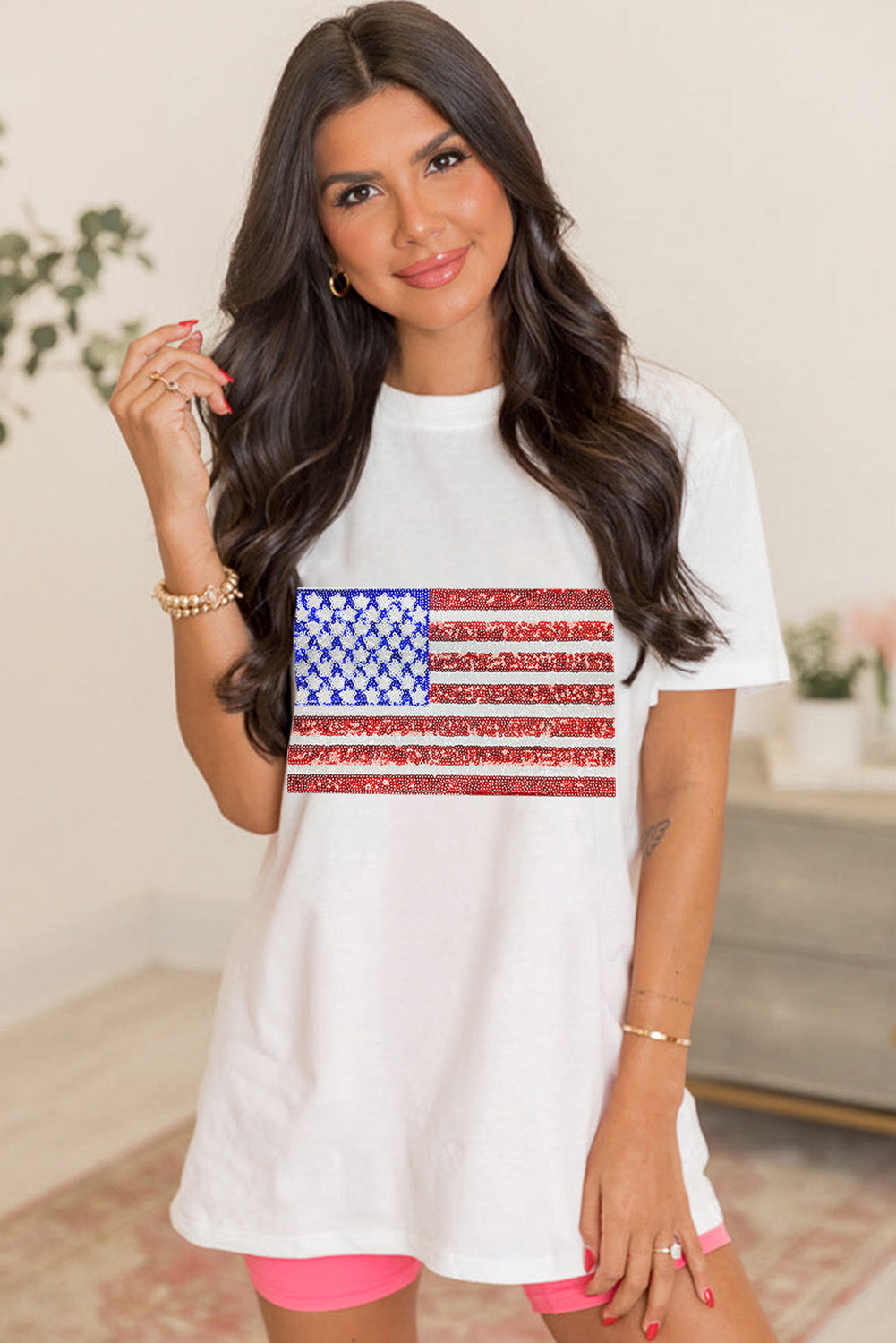 White Shimmery USA Flag Graphic Round Neck Tee