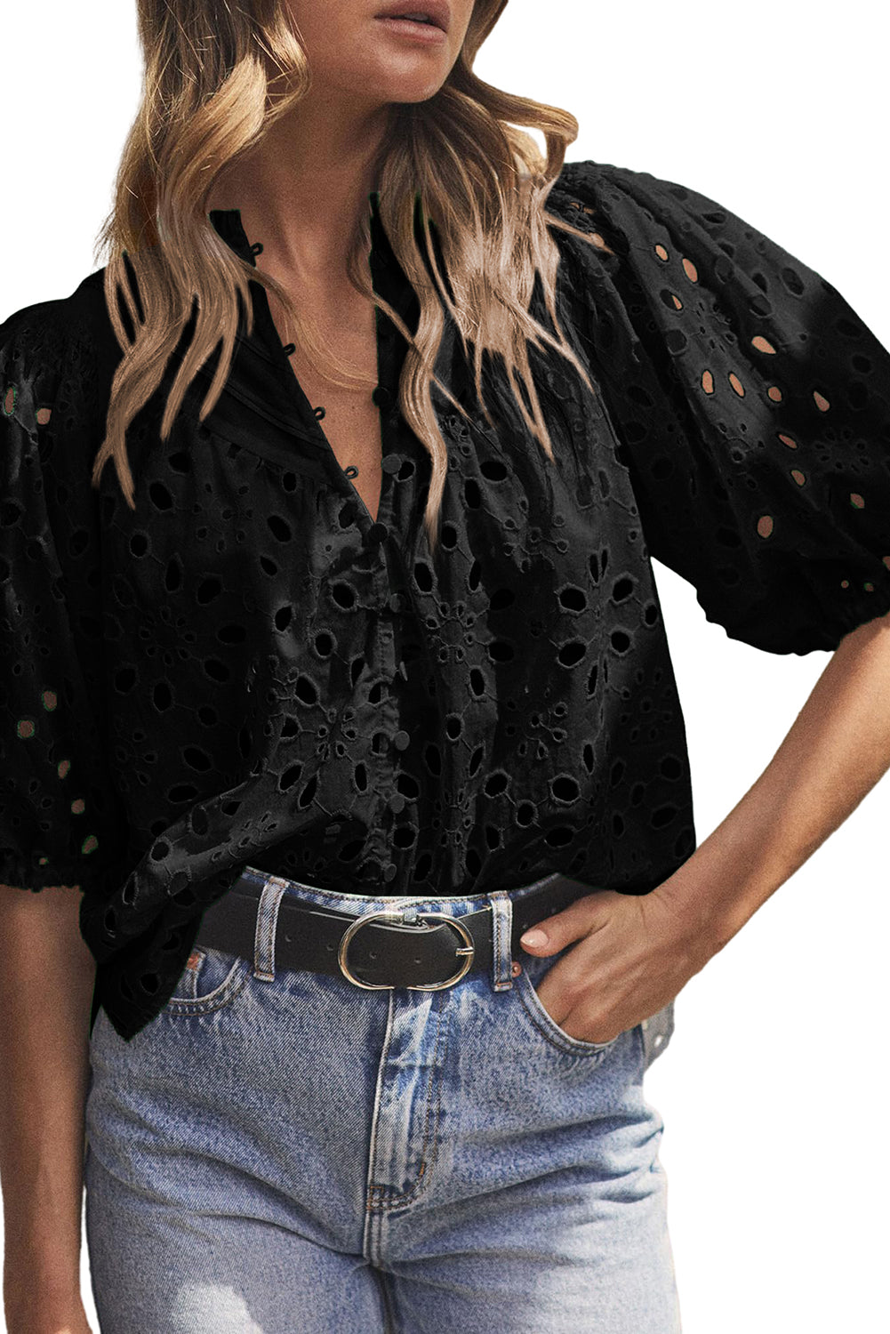 Black Hollow-out Flower Embroidered Short Puff Sleeve Blouse