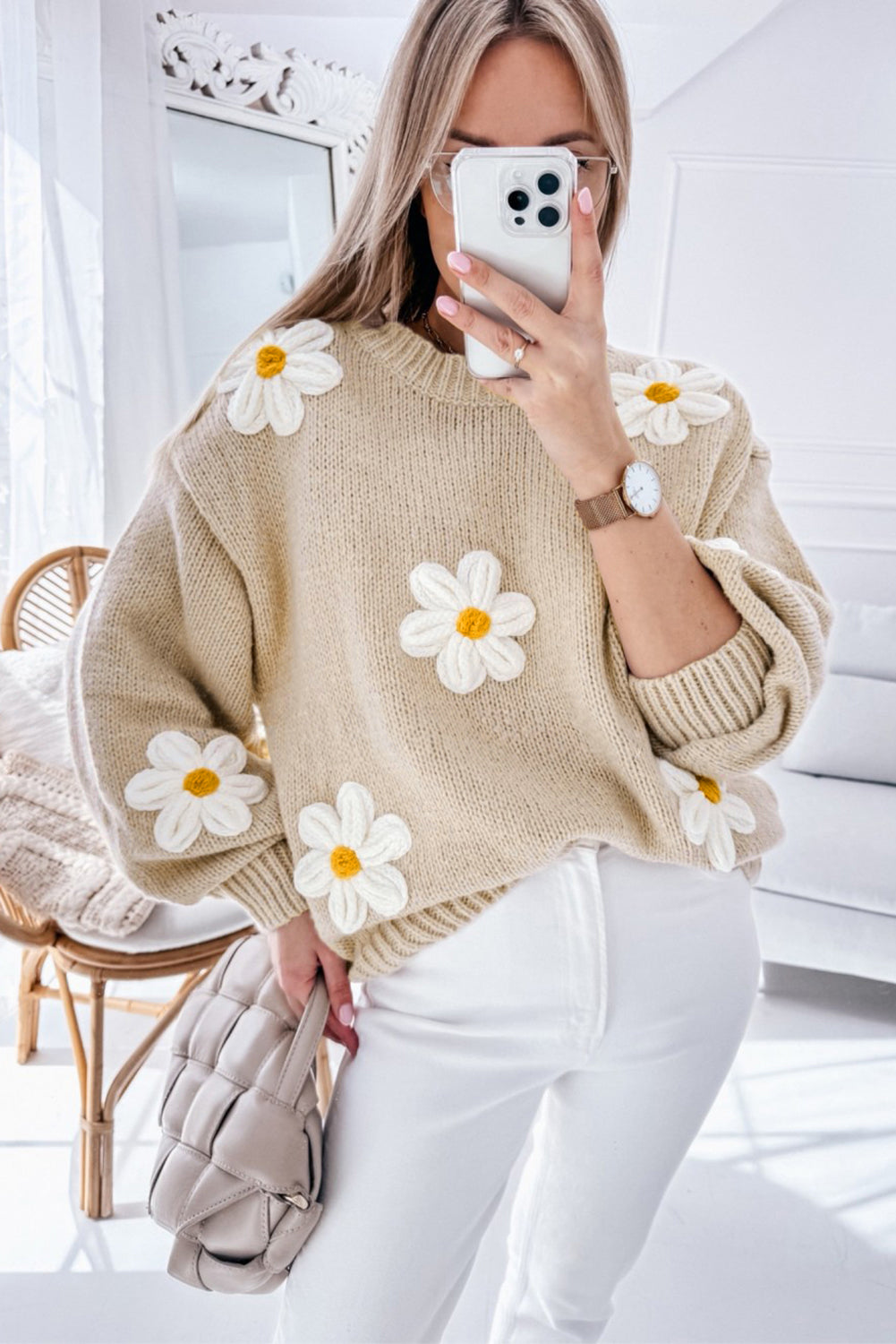 White 3D Flower Detail Loose Sweater