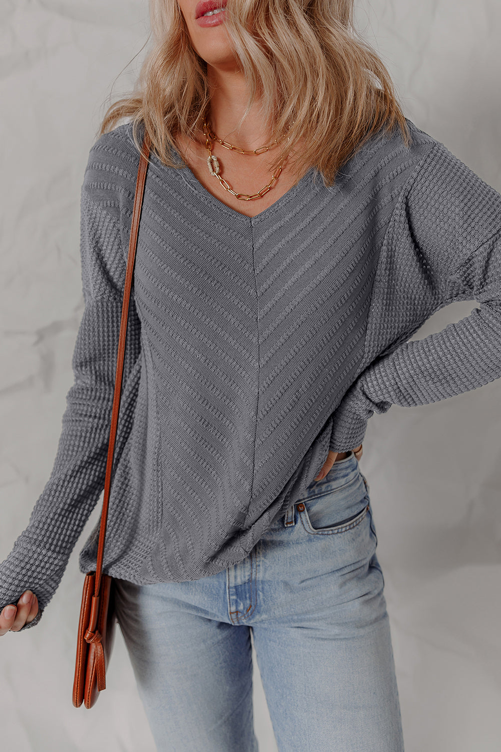 Sleet V Neck Chevron Texture Patchwork Long Sleeve Top