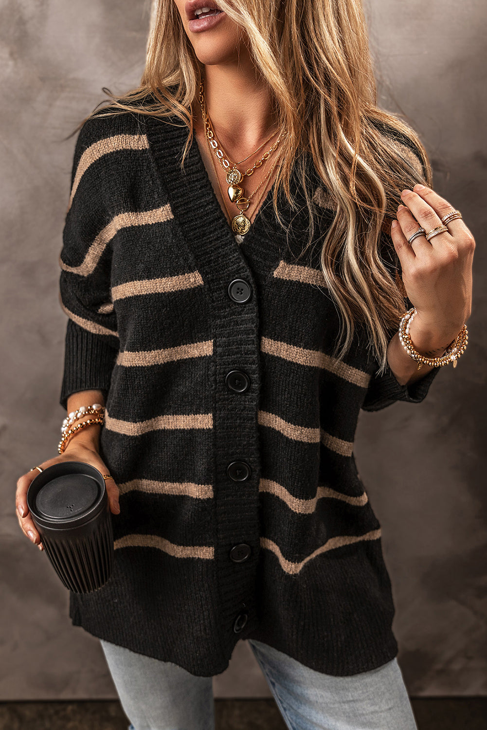 Black Stripe Buttoned V Neck Drop Shoulder Loose Cardigan