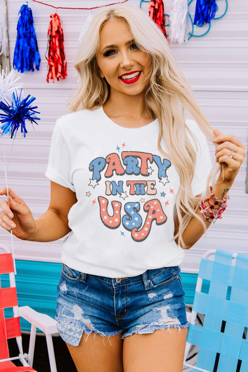 White PARTY IN THE USA Letter Print Star Graphic Tee