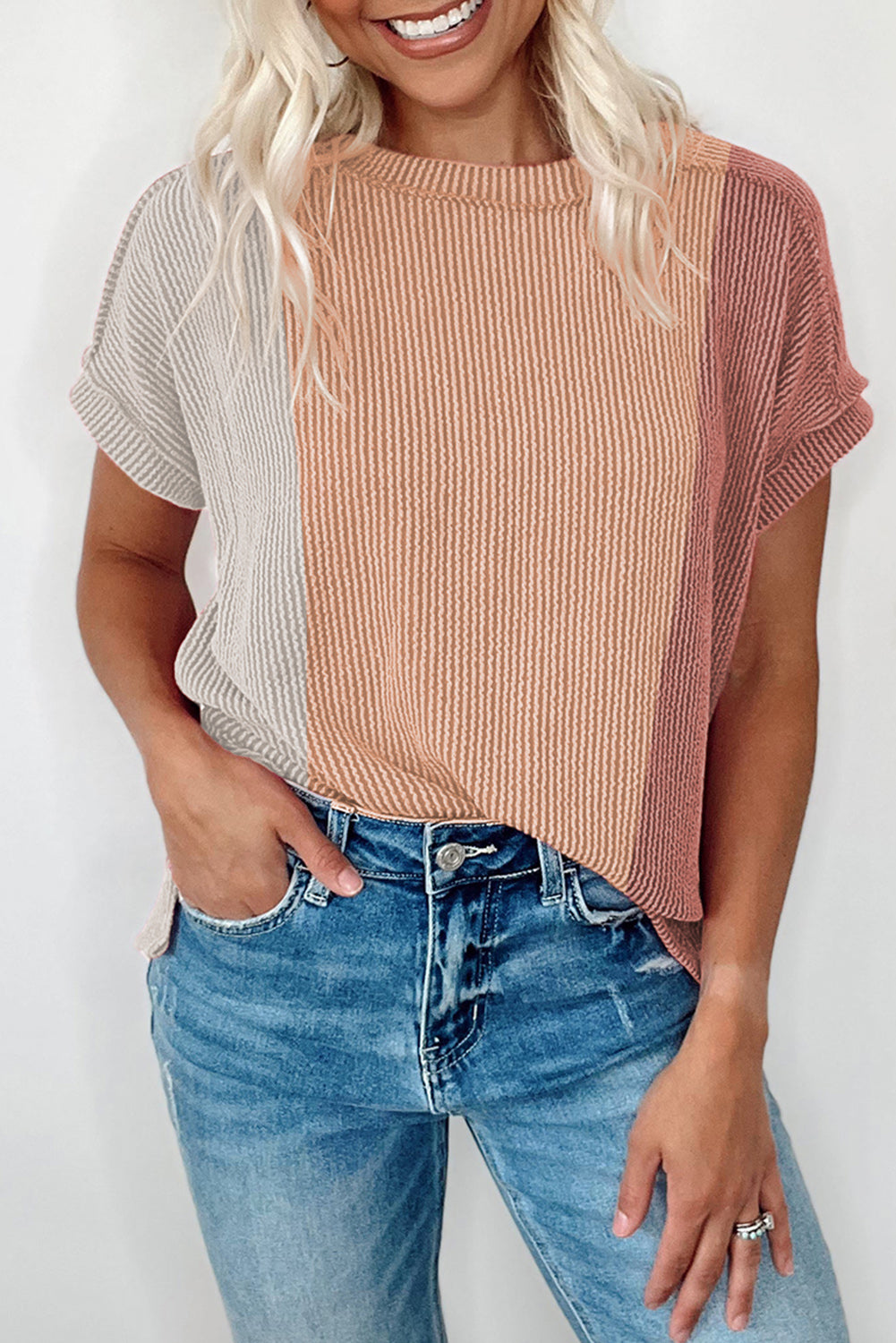 Pink Textured Colorblock Round Neck T Shirt