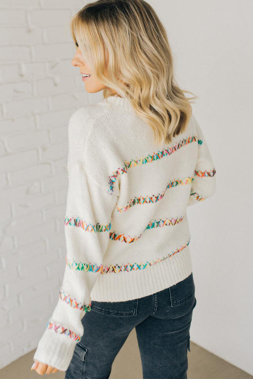 White Colorful Cross Stitch Drop Shoulder Sweater