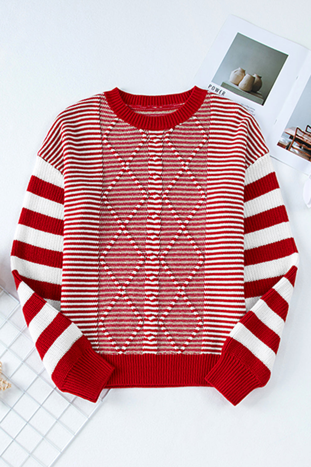 Red and White Stripe Twisted Knitted Drop Shoulder Sweater