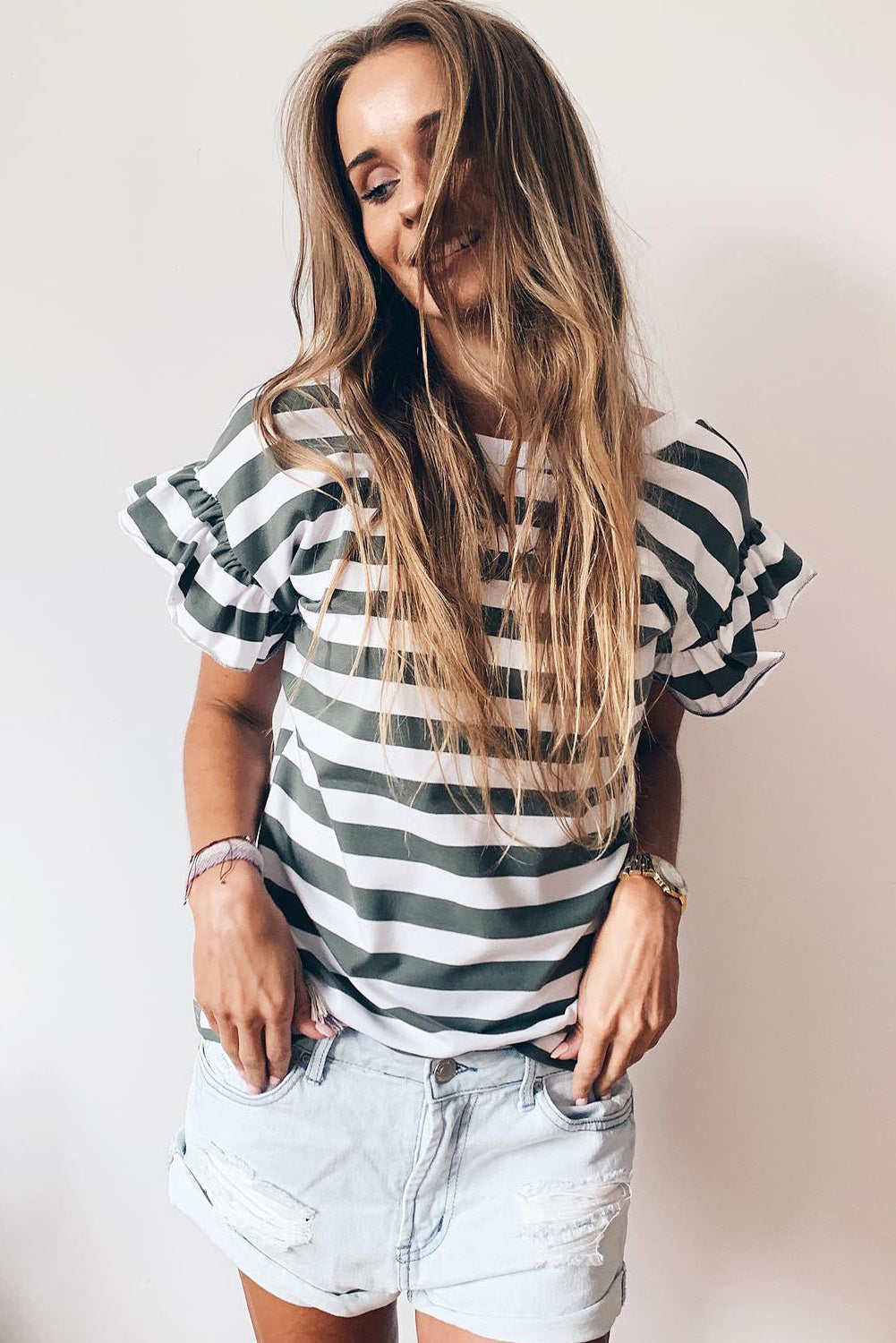 Black Striped V Neck Ruffle Sleeve Top