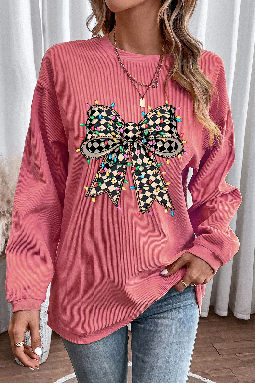 Strawberry Pink Checkered Bow Print Ribbed Crew Neck Pullover Sweatshirt