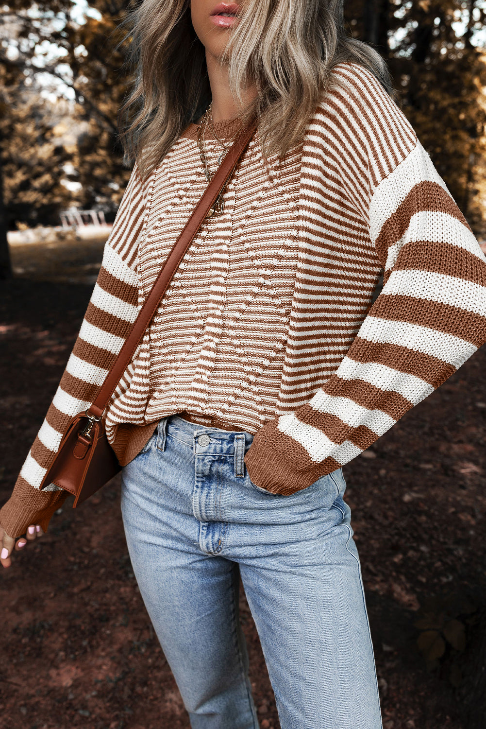 Red and White Stripe Twisted Knitted Drop Shoulder Sweater