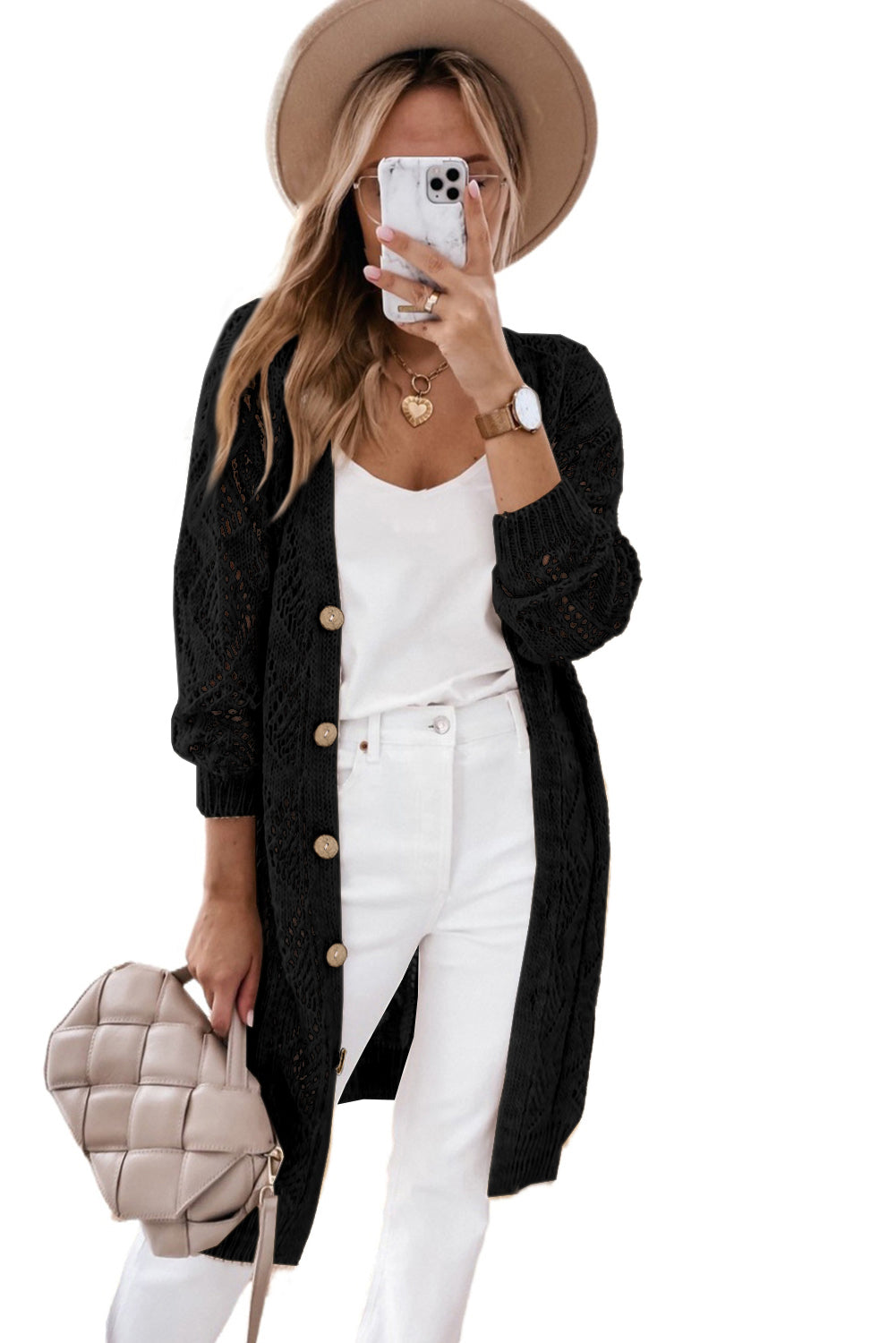 Khaki Button Up Hollow Out Loose Long Cardigan