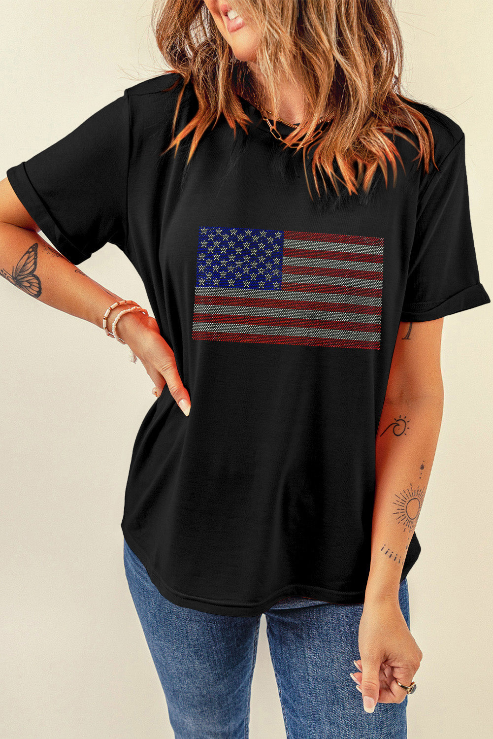 Black Rhinestone American Flag Graphic Round Neck Tee