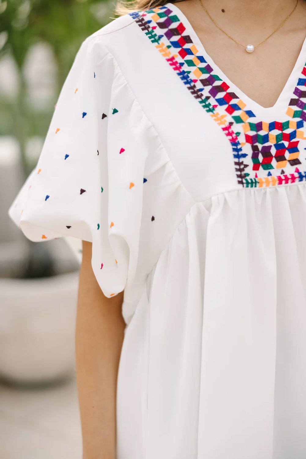 White Colorful Geometric Print V Neck Babydoll Blouse