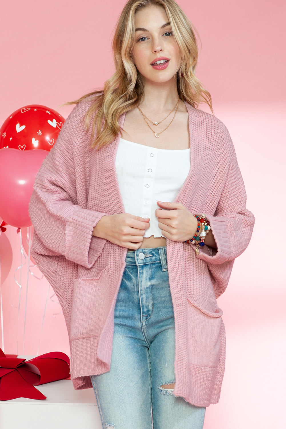 Pink Batwing Sleeve Pocket Oversized Cable Knit Cardigan