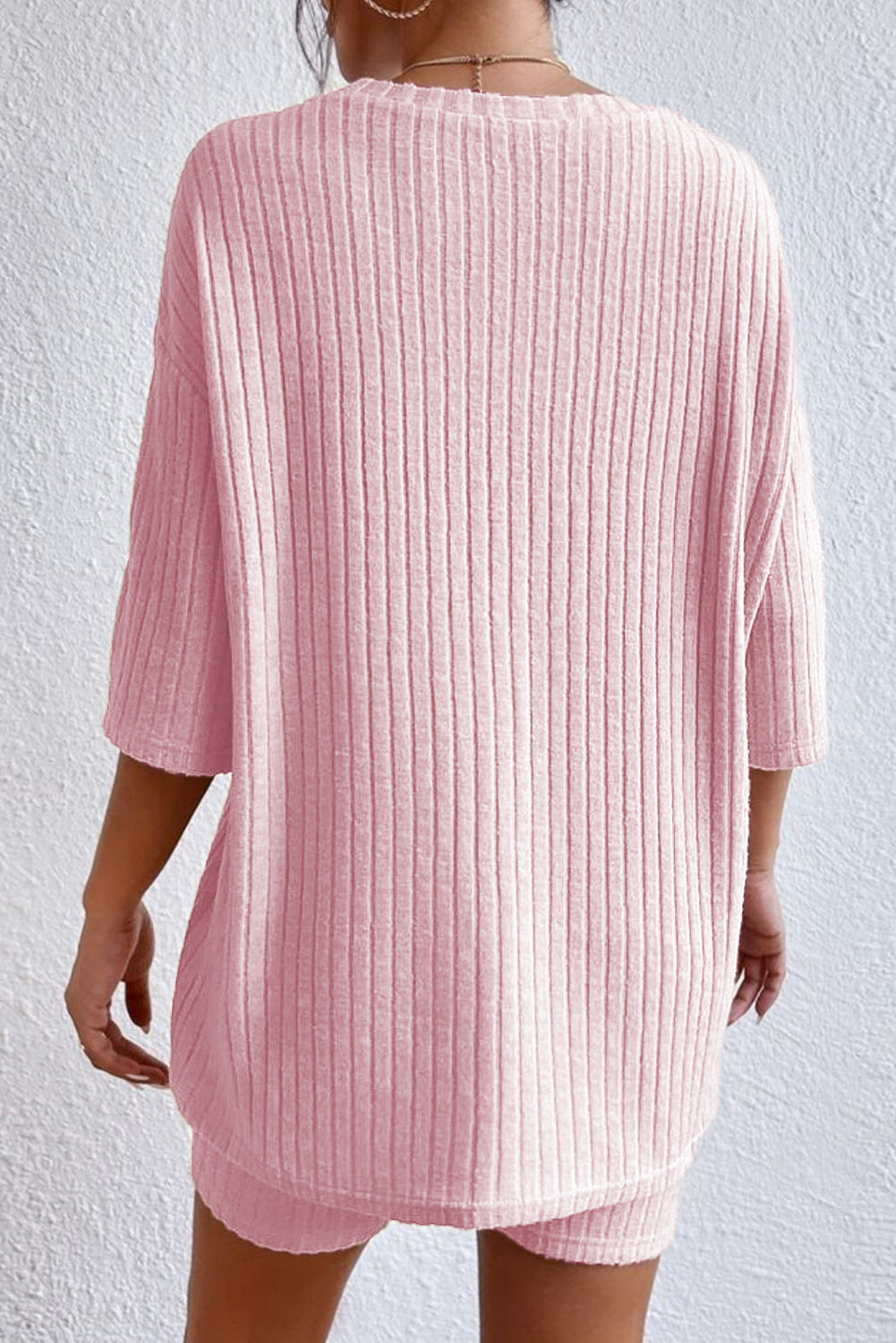 Pink Ribbed Knit Drop Shoulder T Shirt & Shorts Set