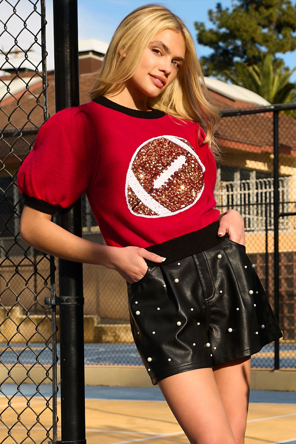 A Red Sequin Football Color Block Puff Sleeve Knit Top