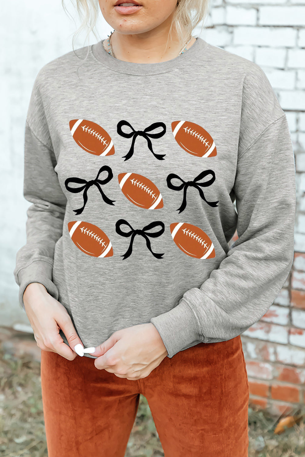 Gray Football Bow Knot Print Crewneck Sweatshirt