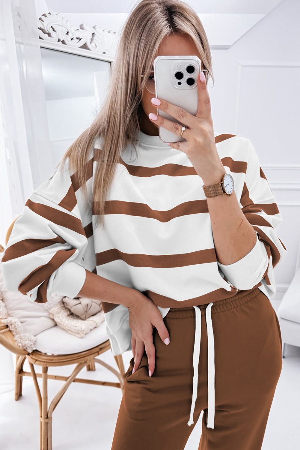 Brown Striped Drop Shoulder Pullover and Joggers Set