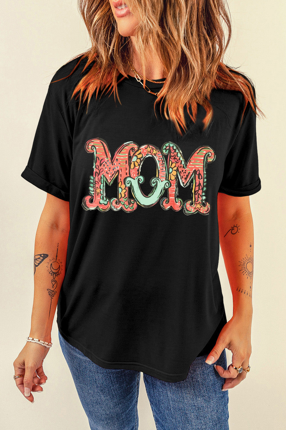 Black Floral MOM Graphic Round Neck T Shirt