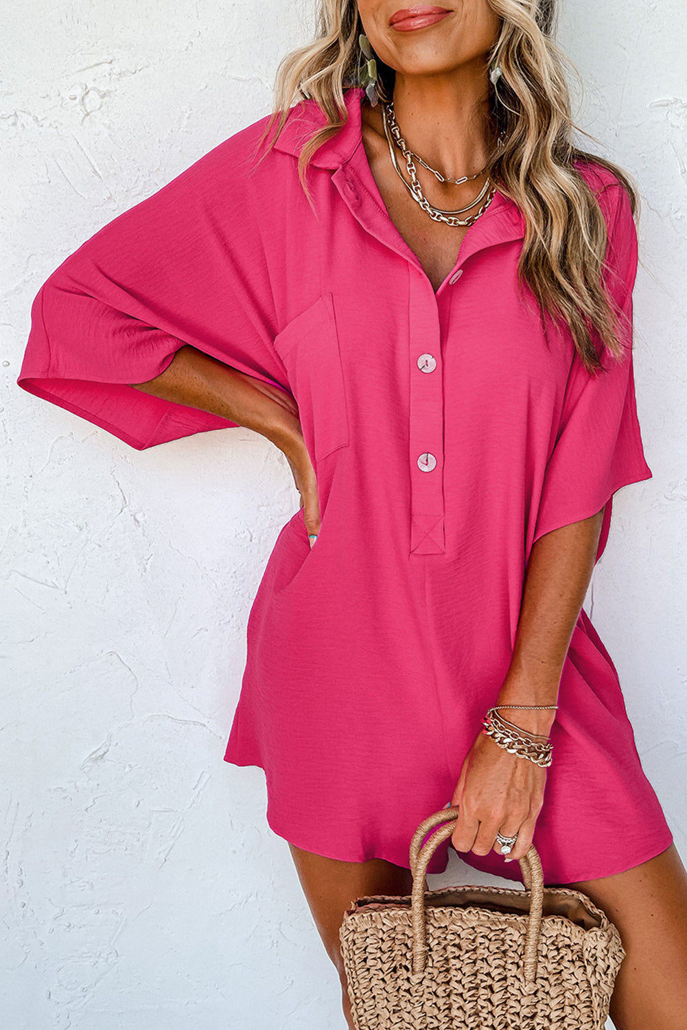 Half Button Collared Pocket Loose Romper