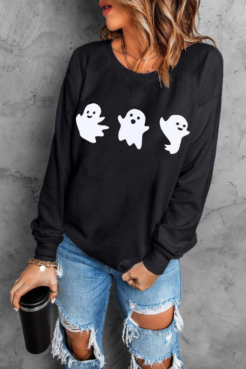 Black Halloween Ghost Print Round Neck Sweatshirt