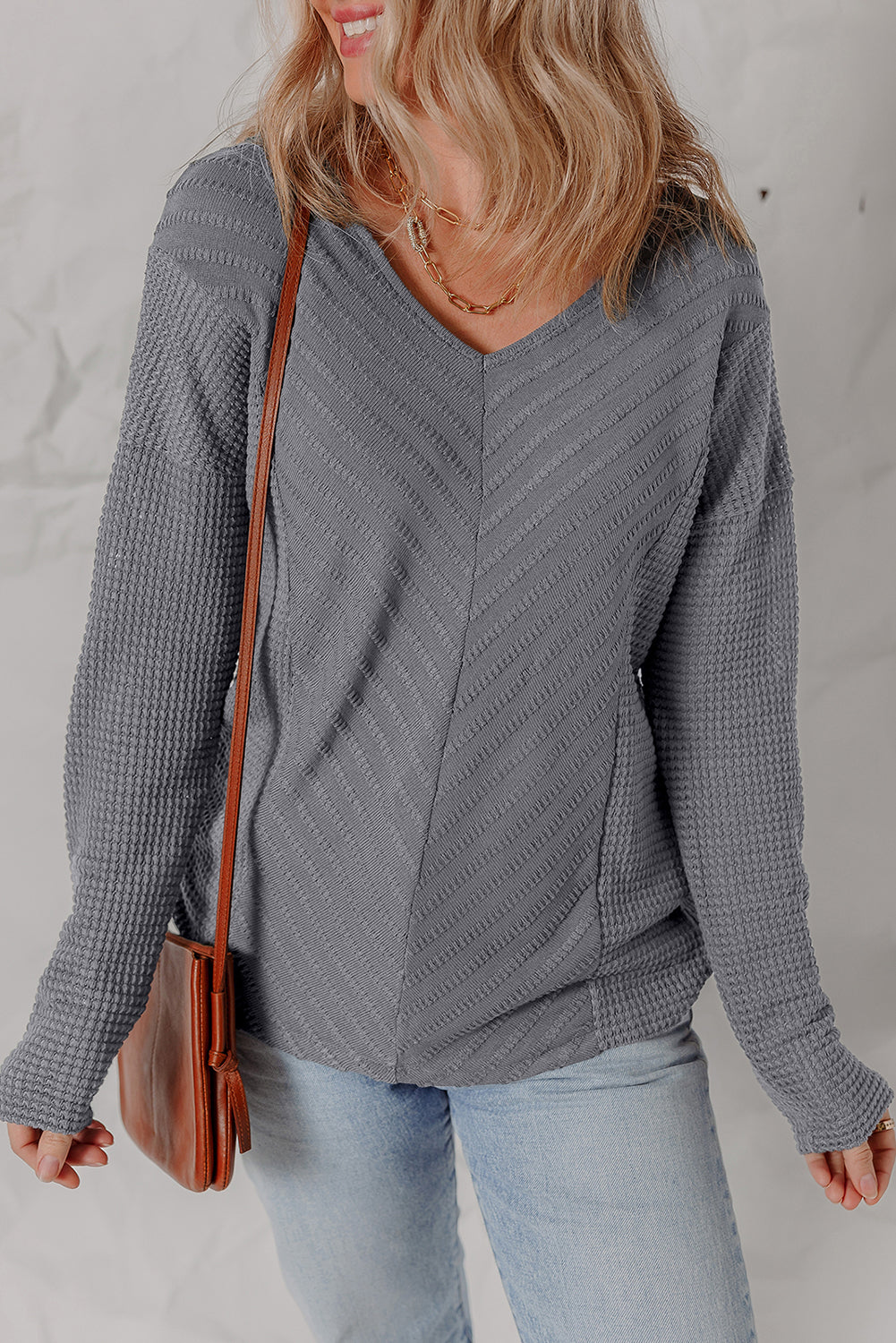 Sleet V Neck Chevron Texture Patchwork Long Sleeve Top