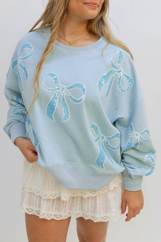 Beau Blue Sequin Bow Drop Shoulder Oversized Sweatshirt