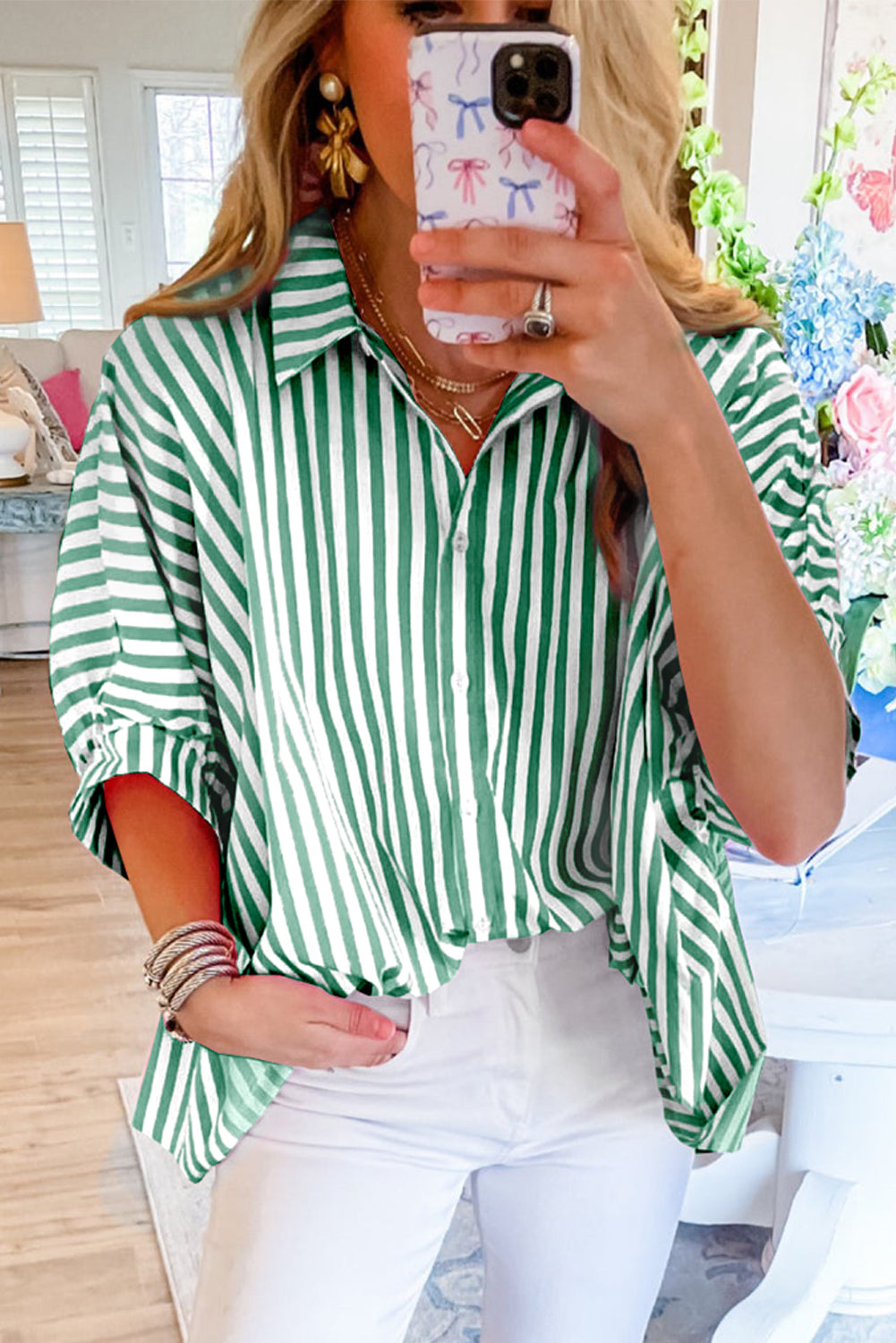 Pink Stripe Button Up Dolman Shirt