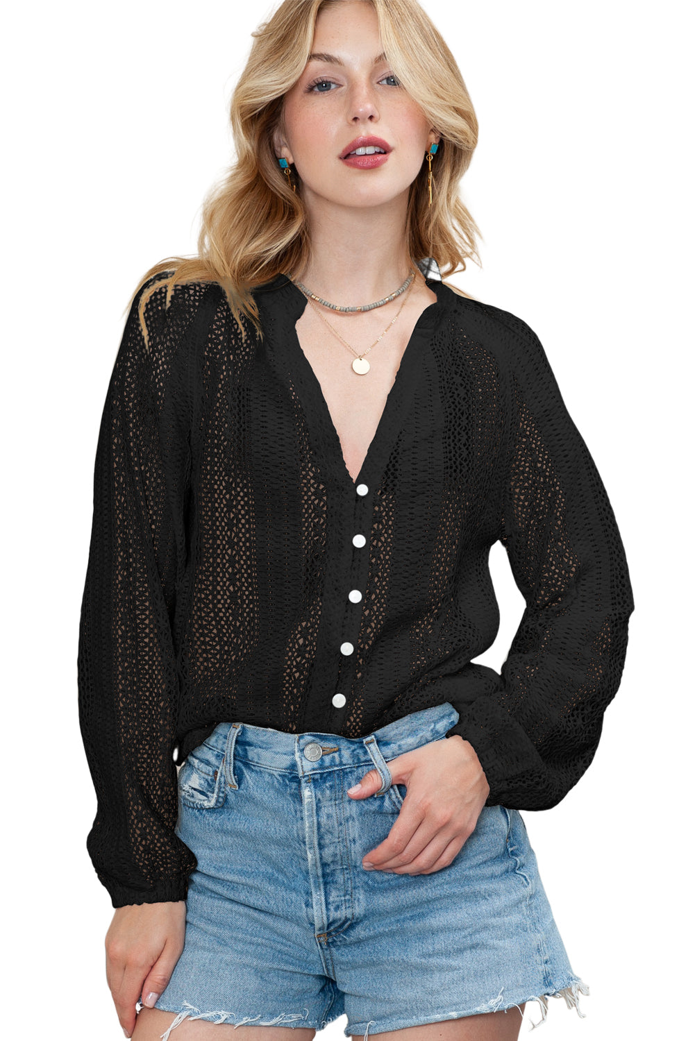 Rose Notch Neck Button Down Raglan Sleeve Lace Top