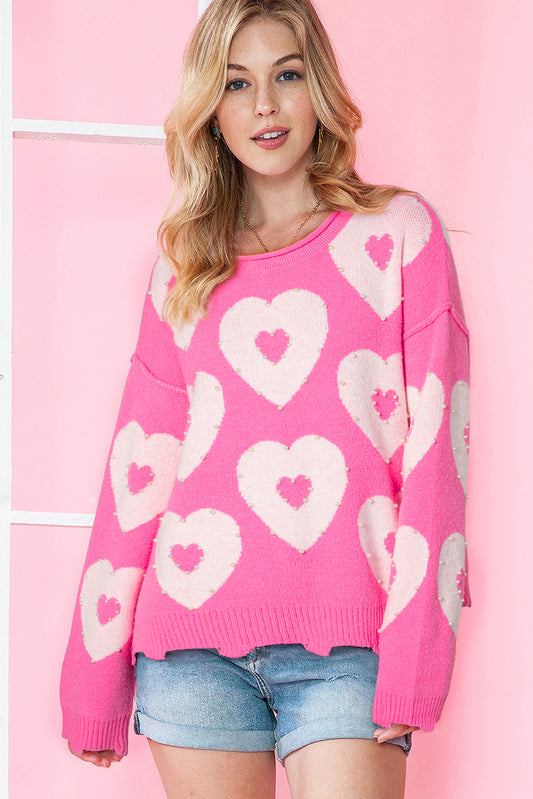 Bonbon Pink Pearl Beaded Heart Drop Shoulder Sweater