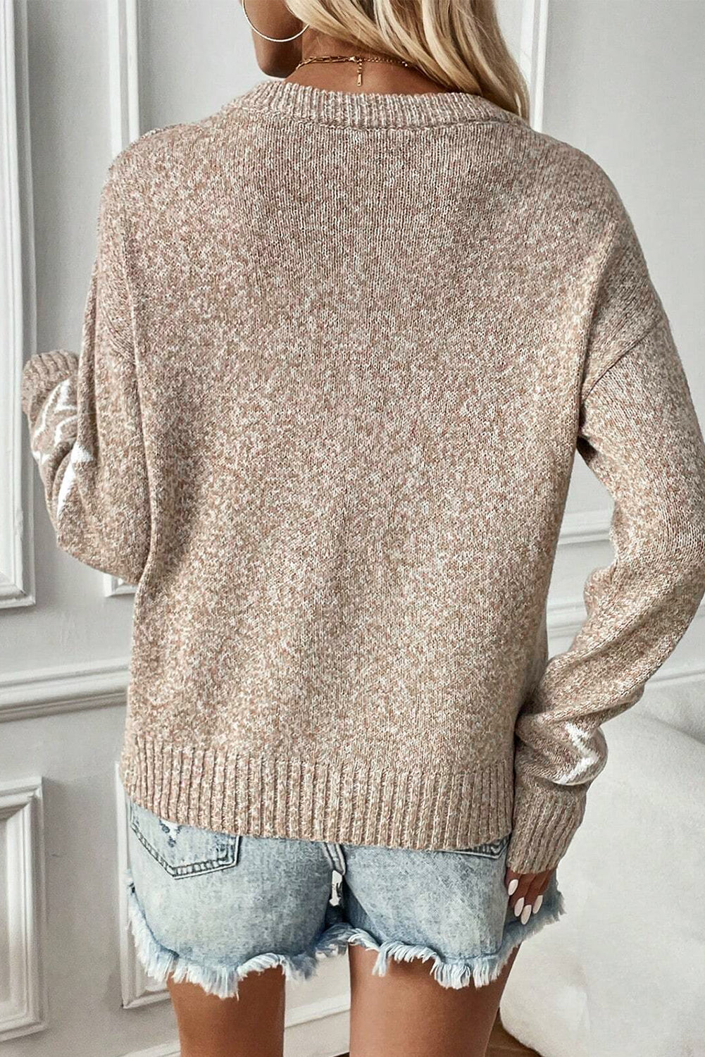 Green Star Pattern Drop Shoulder Knit Sweater