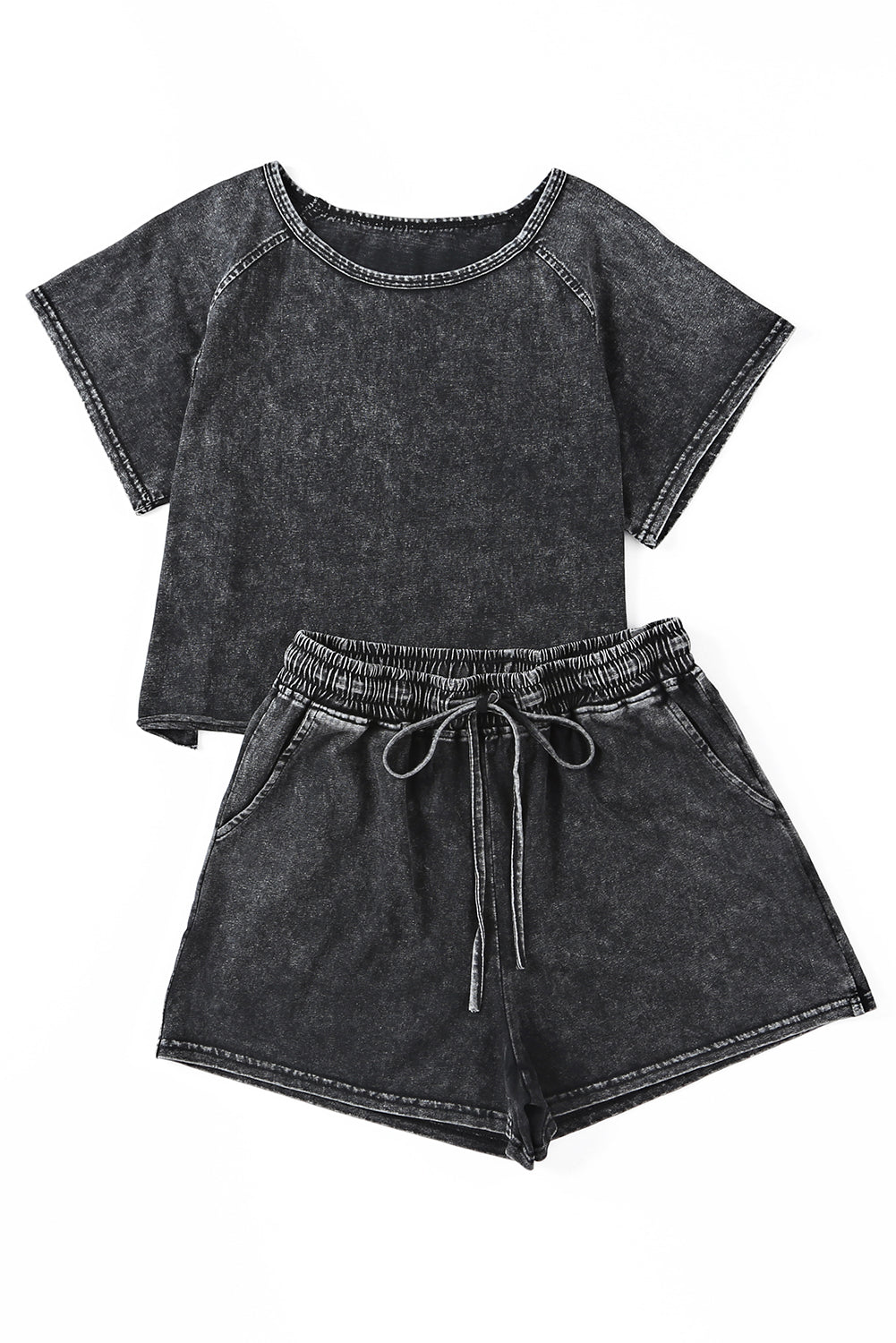 Black Acid Washed T Shirt & Drawstring Shorts Loungewear Set