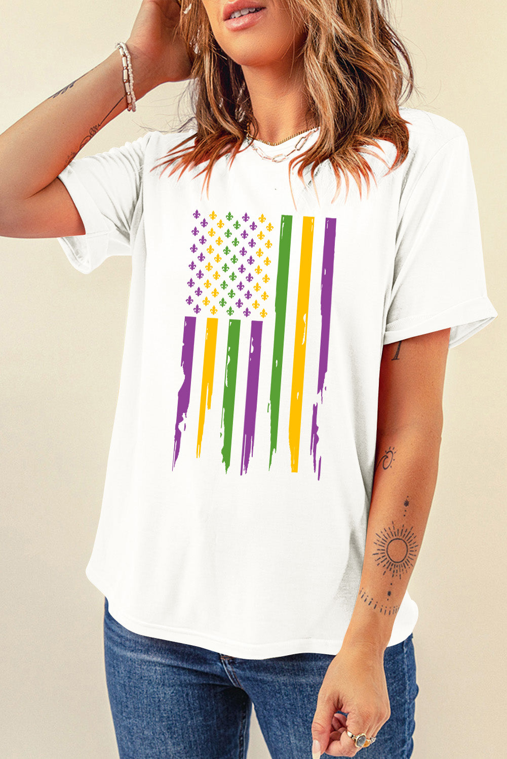 White Mardi Gras USA Flag Print Graphic Crewneck Tee