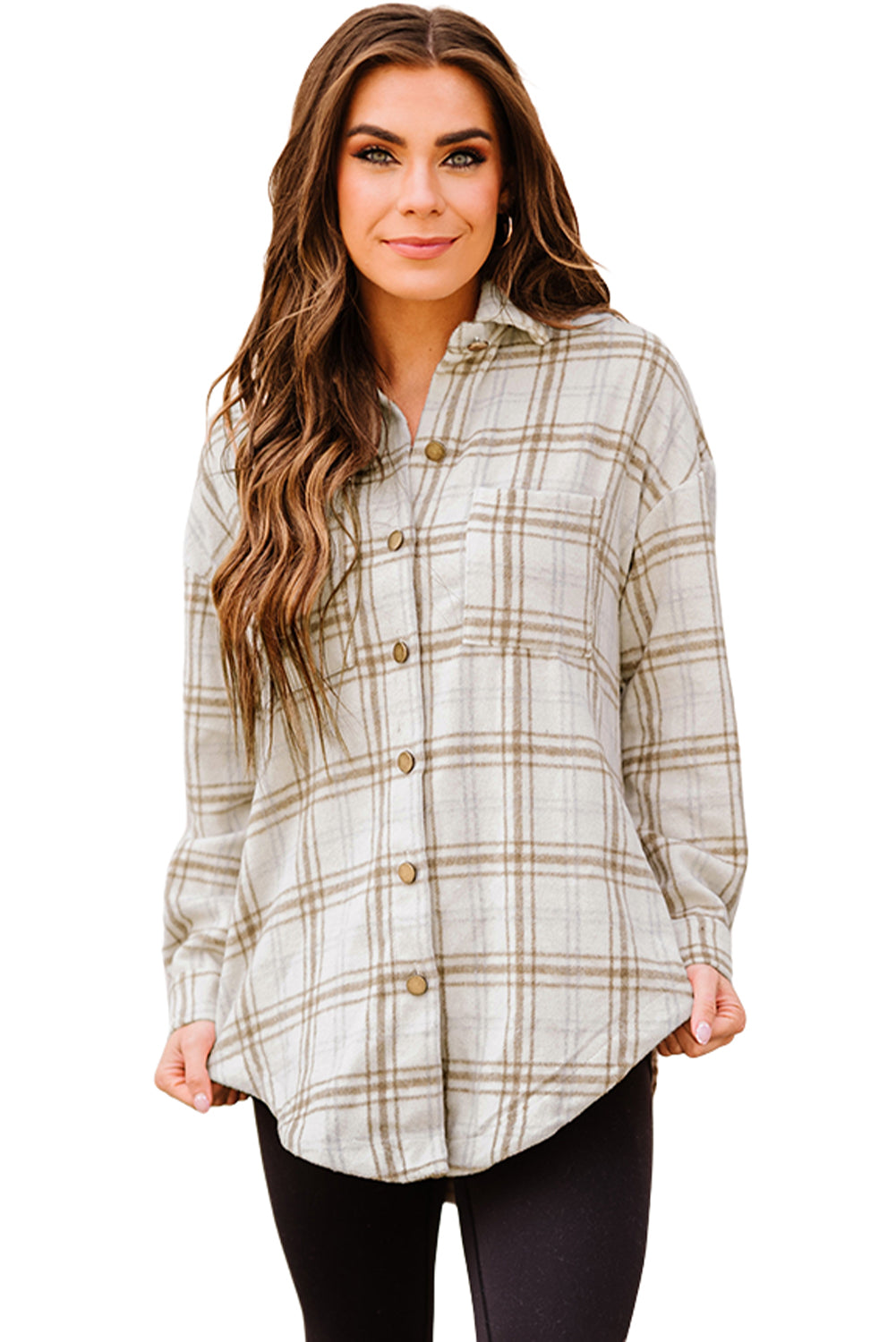 Pink Plaid Casual Button Up Shirt Shacket with Slits