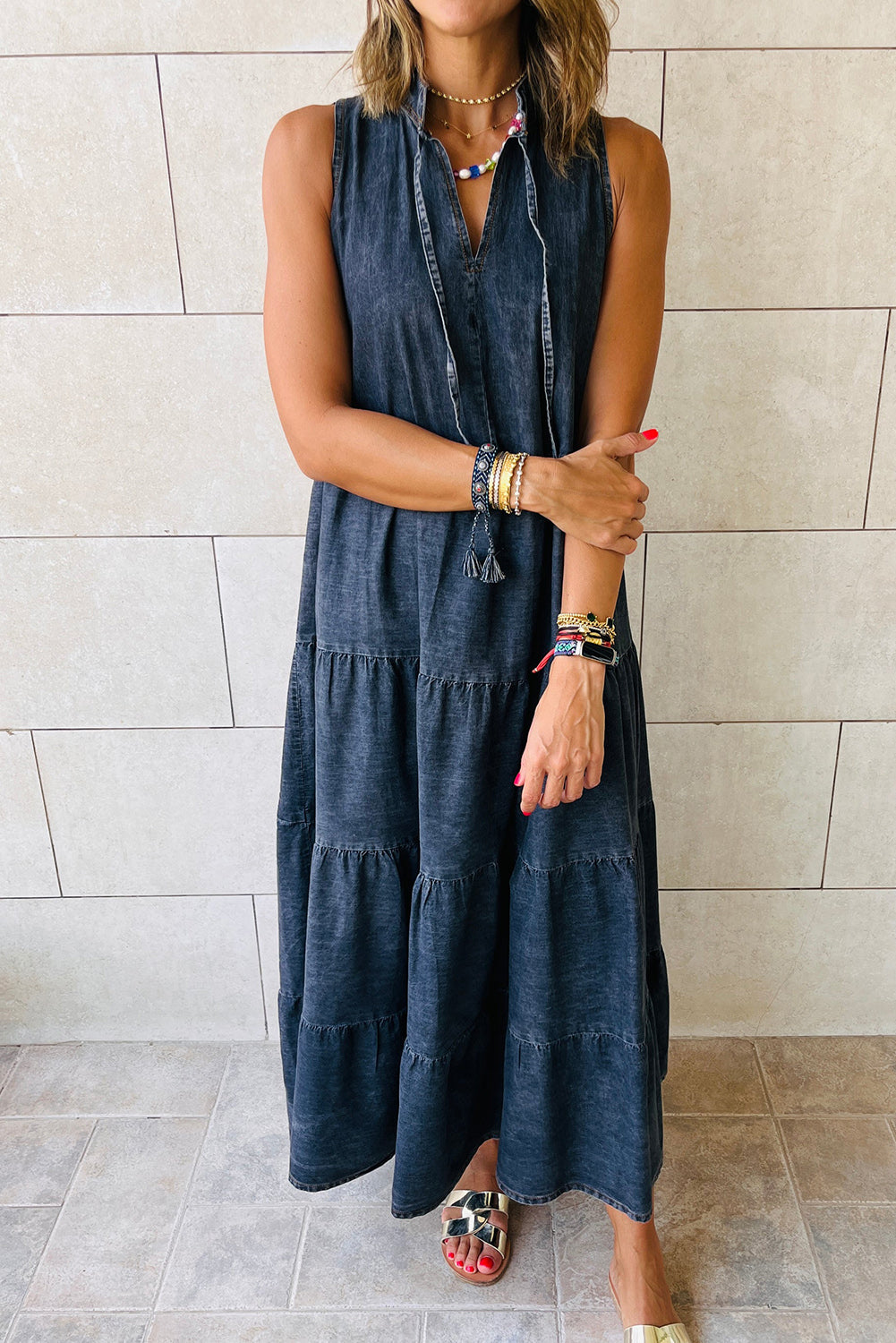 Denim Sleeveless Tiered Chambray Maxi Dress