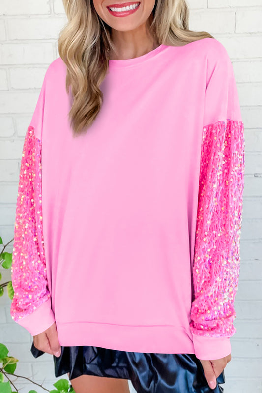 Pink Sequin Patchwork Long Sleeve Pullover Sweatshirt