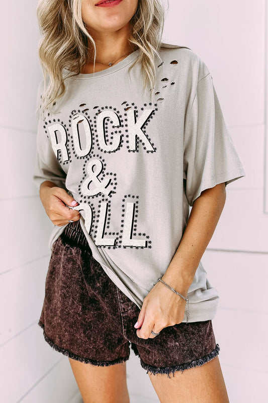 Gray Rock & Roll Graphic Ripped Oversized Tee