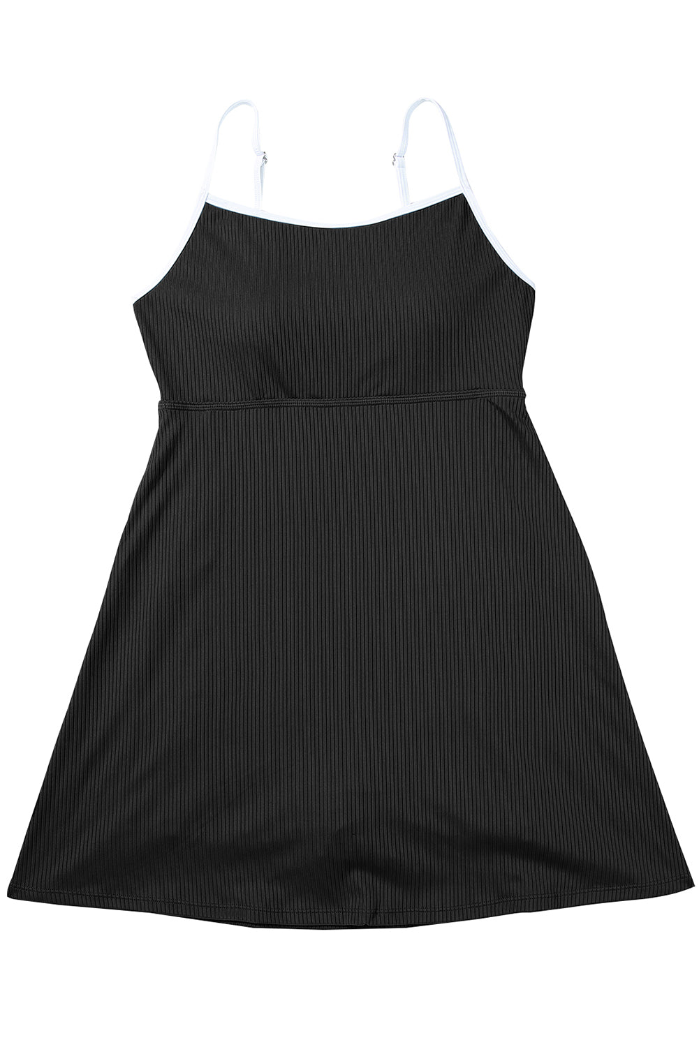 Black Sporty Ribbed Spaghetti Straps Swim Dress