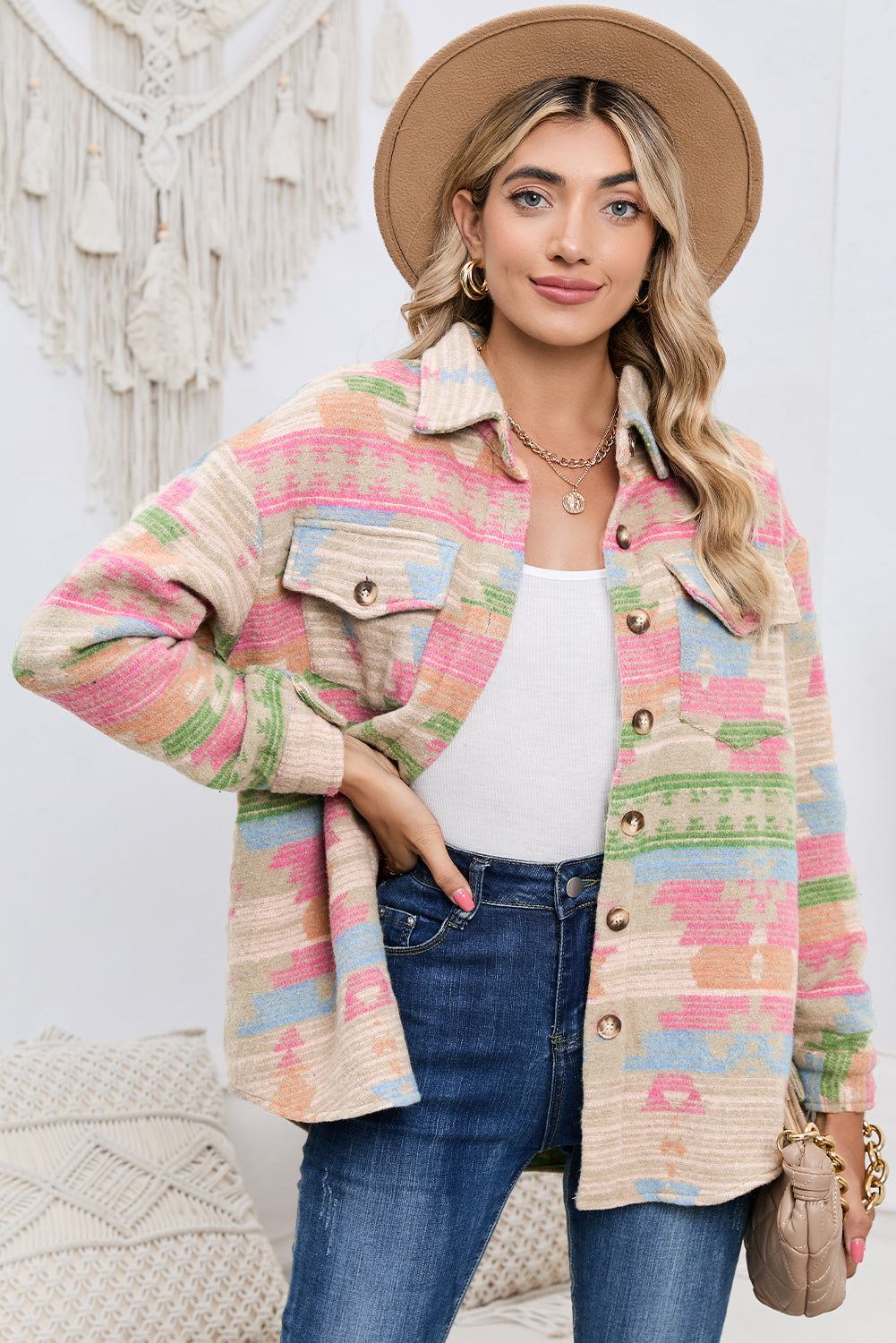 Multicolor Southwest Button Up Flap Pockets Geometric Jacket for Women