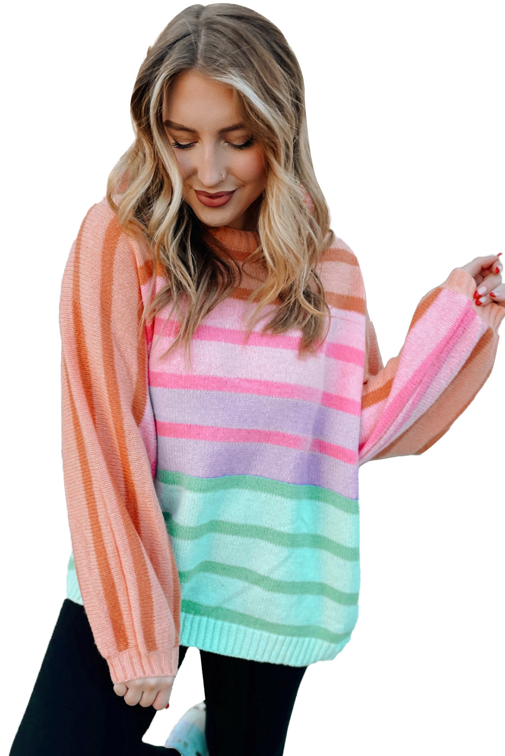 Multicolour Striped Ribbed Edge Gradient Loose Sweater