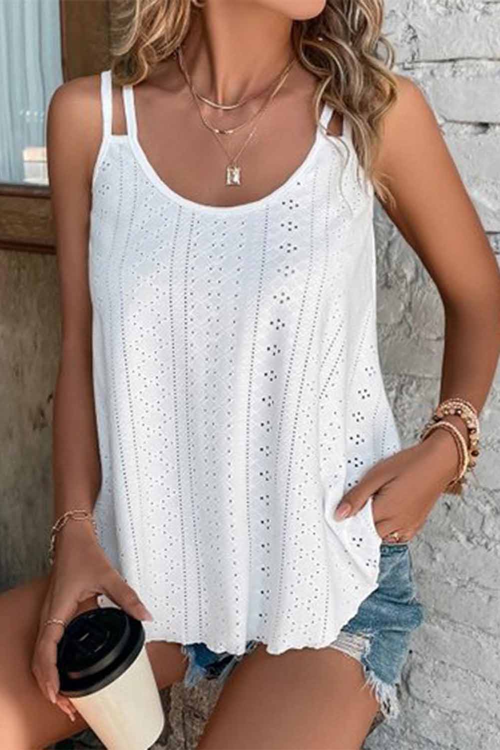 Black Eyelet Strappy Scoop Neck Cami Top