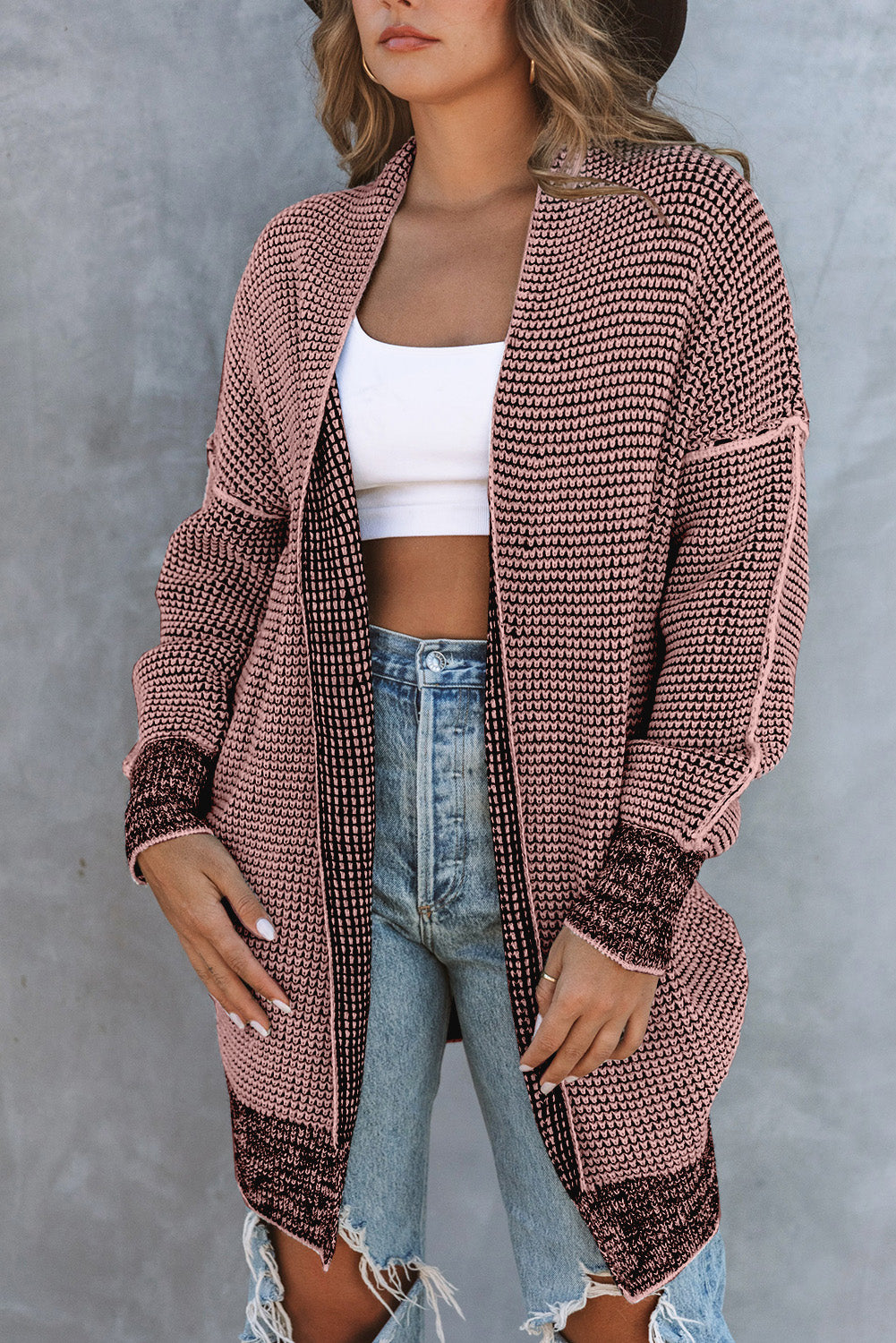 Plaid Contrast Trim Casual Knit Cardigan