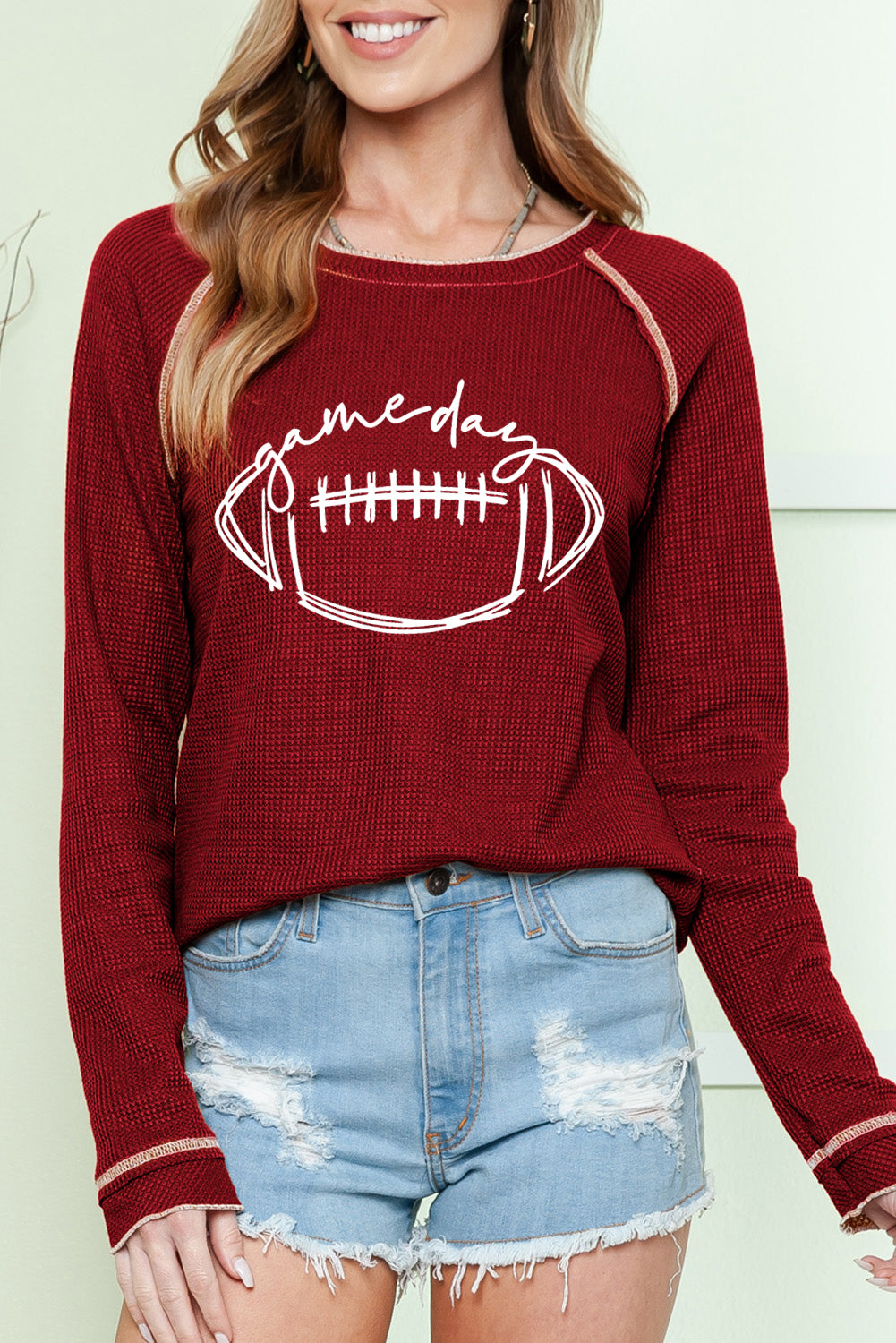 Red Waffle Football Graphic Contrast Hem Sweatshirt