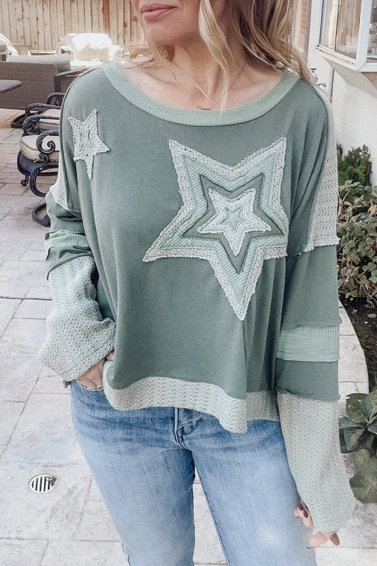 Mist Green Stars Patchwork Round Neck Plus Size Top