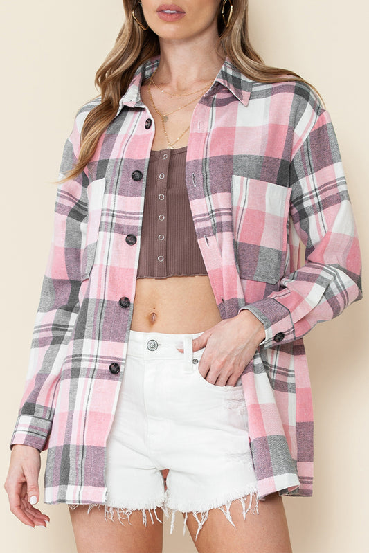 Pink Long Sleeve Collared Button Up Flannel Shacket