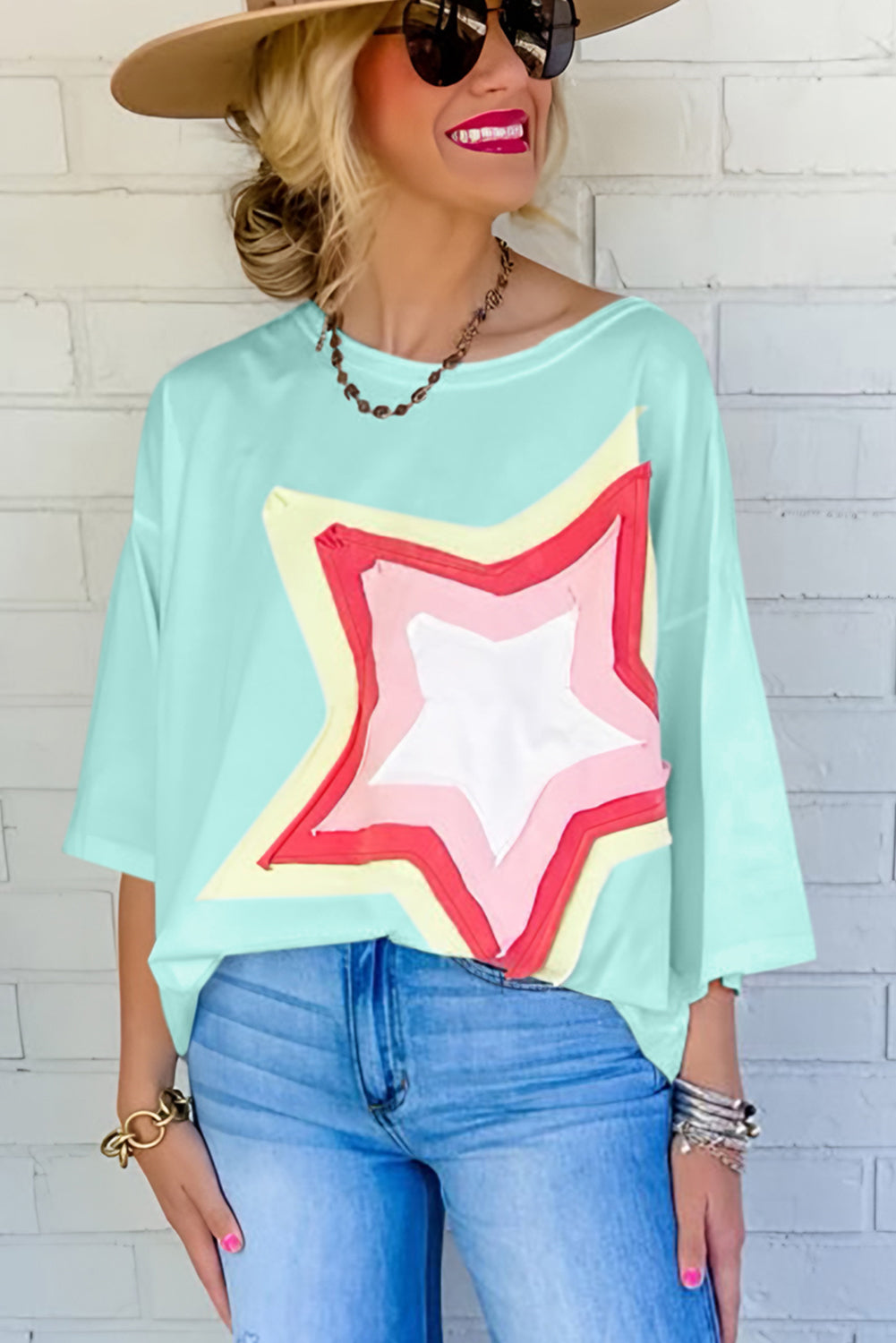 Moonlight Jade Colorblock Star Patched Half Sleeve Oversized Tee