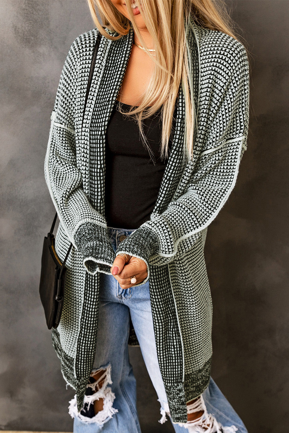 Plaid Contrast Trim Casual Knit Cardigan