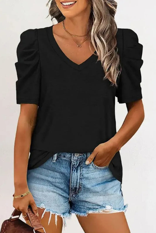 Black Puff Sleeve Casual V Neck T-Shirt